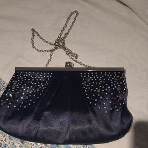 Crystal-Accent Navy Evening Clutch with Silver Chain